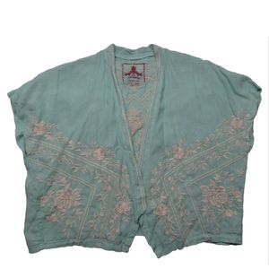 Johnny Was S Open 100% Linen Embroidered Top JWLA Cropped Kimono Jacket Mint LA
